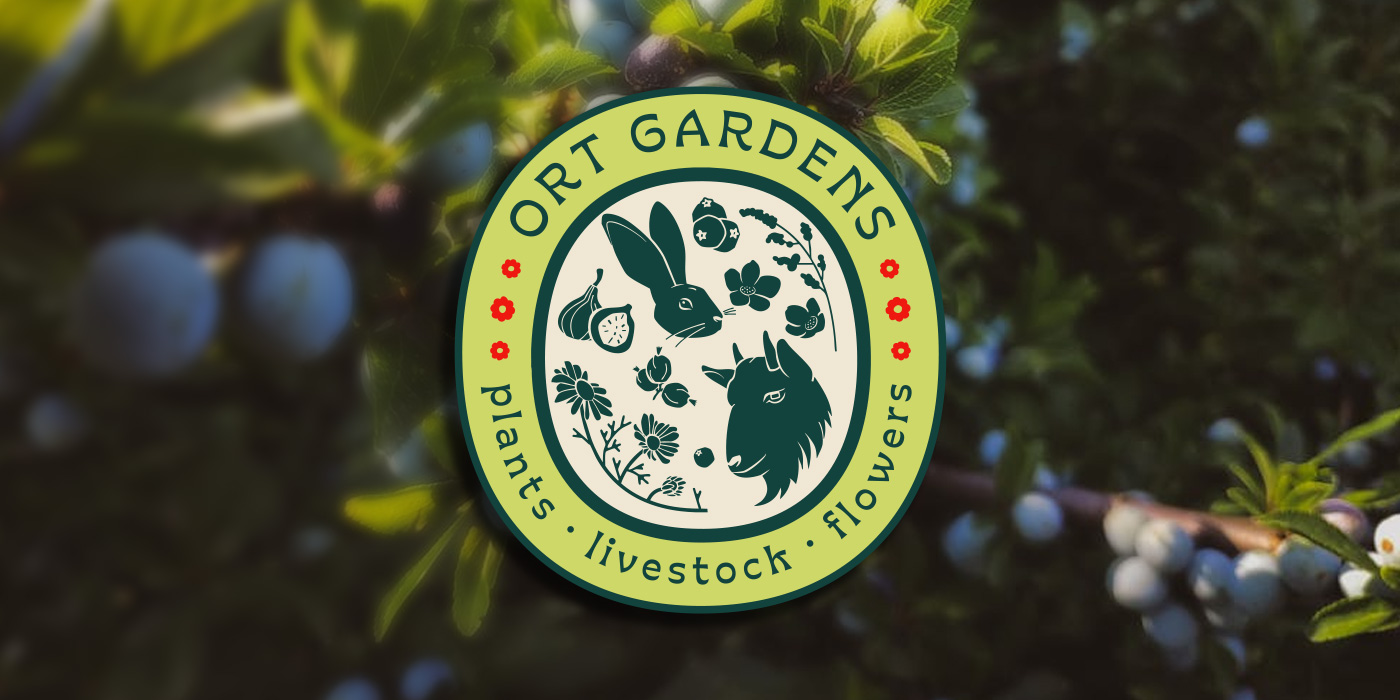 Ort Gardens badge logo over a blurred background of a blueberry bush.